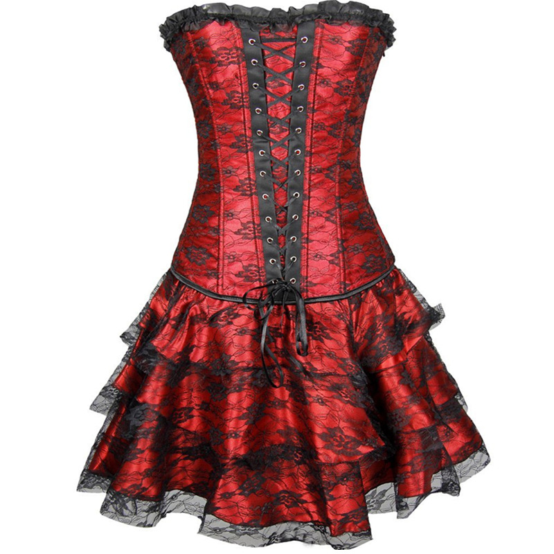 F3243-4 Red Women Layered Lace Up Bone Corsets Floral Corset